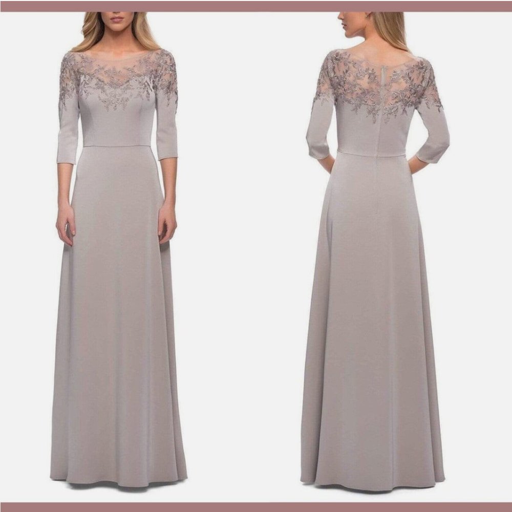 NEW $469 La Femme [ 4 ] Embroidered Illusion Neck Bateau A-line Gown Silver Q498